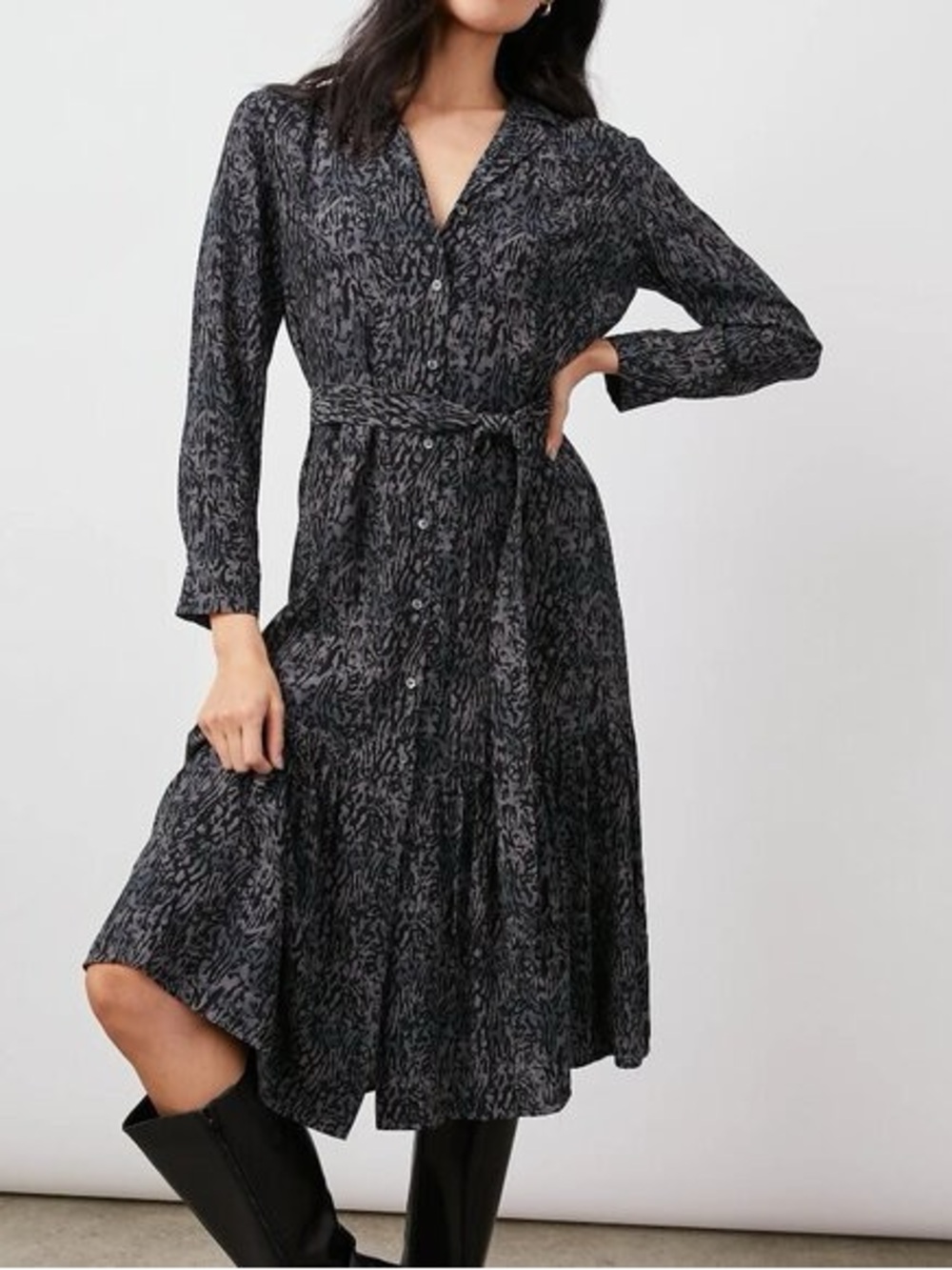 Rails Beatrice Midi Shirt dress Charcoal Abstract Animal Print Ruffle Hem